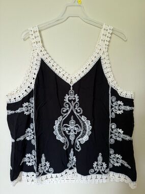 Ultra Pink Black Camisole with White Crochet and Embroidered Detail